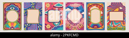 Retro-psychedelische Rahmen. Abstraktes, farbenfrohes Flyer-Layout mit flüssigen Formen und Platz für Text, Hintergrundtapeteneinband. Vektorset psychedelischen Po Stock Vektor