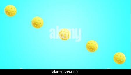 Pickleball gelbe Sportbälle in Folge auf einem isolierten Hintergrund. 3D-Rendering Stockfoto