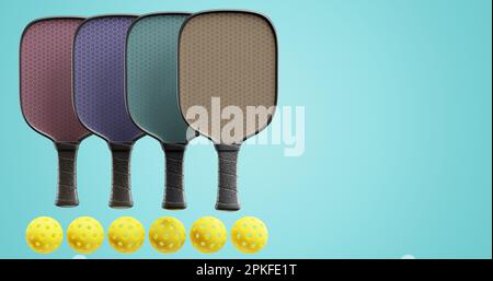 Pickleball, mehrfarbige Schläger und Bälle hintereinander auf einem isolierten Hintergrund. 3D-Rendering Stockfoto