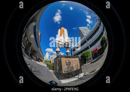 Los Angeles, 22 2017. JAN. - sonniger Blick auf das Space Shuttle Challenger Memorial in der Innenstadt Stockfoto