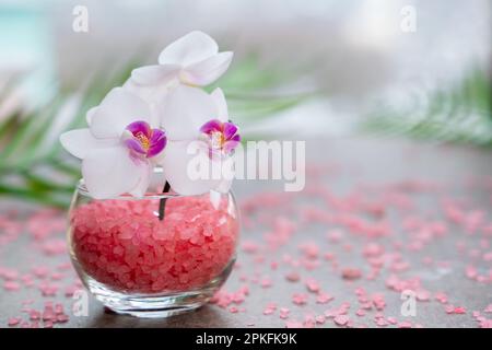 Pinke Orchidee in einer Vase mit pinkfarbenem Meersalz in Nahaufnahme. Spa- und Wellnesskonzept Stockfoto