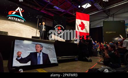 Minister Francois-Philippe Champagne, hält am 3. April 2023 bei der Bekanntgabe der Artemis II Crew in Houston, USA, eine Rede. Stockfoto