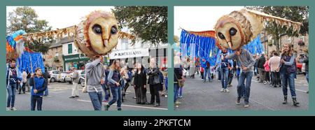 Riesenvögel, darunter eine Eule, wurden bei der Straßenparade beim Skipton Puppet Festival 2015 vorgestellt. Stockfoto