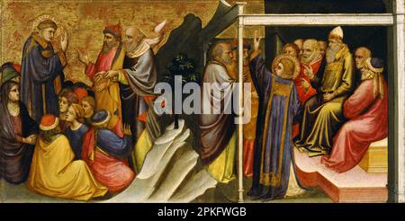 Predella Panel repräsentiert die Legende von St. (Stephen) St. Stephen Predigt / St. Stephen vor dem Hohepriester und Ältesten des Sanhedrin 1408 von Mariotto di Nardo Stockfoto