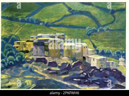 Alte Vintage-Postkarte der UdSSR, 1961. Der Bezirk Lahaul und Spiti von Svetoslav Nikolaevich Roerich (Russisch: Светослав oder Святослав Николаевич Рерих; 23. Oktober 1904 - 30. Januar 1993) war ein russischer Maler mit Sitz in Indien. Stockfoto