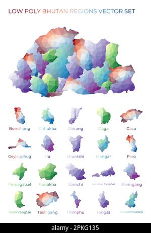 Bhutanesische Niederpoly-Regionen. Polygonale Karte von Bhutan mit Regionen. Geometrische Karten für Ihr Design. Wunderschöne Vektordarstellung. Stock Vektor