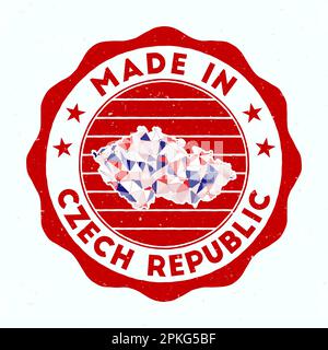 Hergestellt in der Tschechischen Republik. Länderstempel. Siegel der Tschechischen Republik mit Randform. Vintage-Abzeichen mit kreisförmigem Text und Sternen. Stock Vektor