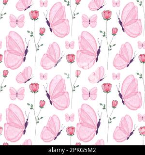 Aquarelle Wildblumen mit nahtlosem Muster, rosa Schmetterling auf weißem Hintergrund, handgemalte Illustration im botanischen Stil, zum Drucken von Stoff, Papier Stockfoto
