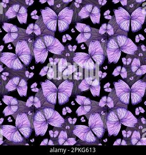 Wasserfarbener, nahtlos gemusterter violetter Schmetterling auf schwarzem Hintergrund, handbemalt im botanischen Stil, für Urlaub, Hochzeitsdesign. Digitales Papierpaket Stockfoto
