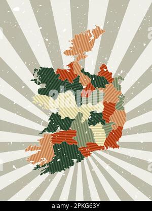 Irland Vintage Karte. Grunge Poster mit Landkarte in Retro-Farbpalette. Die Form Irlands mit Sonnenstrahlen-Hintergrund. Vektordarstellung Stock Vektor