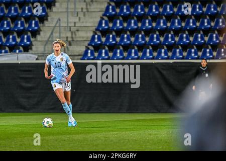 Justine Vanhaevermaet wurde am Freitag , den 7 . April 2023 in Wiener Neustadt in Österreich bei einem Freundschaftsspiel der österreichischen und belgischen Nationalmannschaften mit dem Titel "die roten Flammen " fotografiert . FOTO SPORTPIX | STIJN AUDOOREN Kredit: Sportpix/Alamy Live News Stockfoto