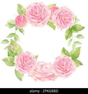 Aquarell Blumenstrauß mit Blättern und Rosen. Kollektion Grün Blütenrosa Rahmen, Rand, Kranz, Rahmen Hochzeitspapier, Grüße, Stockfoto