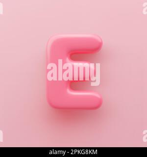 3D Rosa Großbuchstabe E mit einer glänzenden Oberfläche auf pinkfarbenem Hintergrund. Stock Vektor