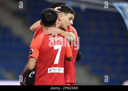 Lommel, Belgien. 07. April 2023. Die Spieler von Dender feiern nach einem Tor während eines Fußballspiels zwischen Jong Genk (U23) und Dender EH am Freitag, den 07. April 2023 in Genk, am 6. Tag der Relegation Play-offs der 1B. Division der belgischen Meisterschaft „Challenger Pro League“ 2022-2023. BELGA FOTO JILL DELSAUX Kredit: Belga News Agency/Alamy Live News Stockfoto