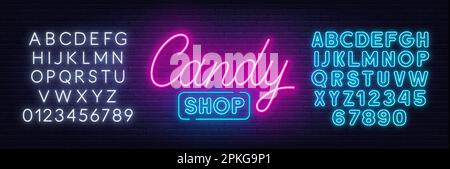Candy Shop Neonschild an Backsteinwänden. Stock Vektor