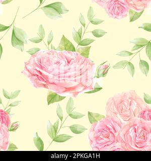 Schöne Blumen. Aquarell rosa Rosenmuster auf cremefarbenem Hintergrund. Stockfoto