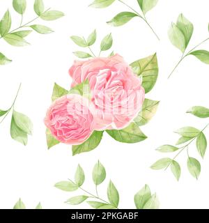 Nahtloses Muster mit Frühlingsblumen und Blättern. Blumenmuster für Tapeten oder Stoff. Botanische Fliesen. Handgezeichneter Hintergrund. Stockfoto