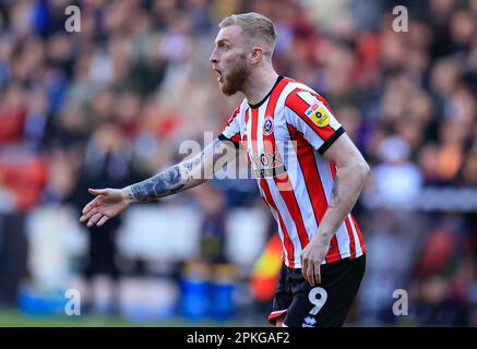 Sheffield, Großbritannien. 07. April 2023. Oliver McBurnie #9 von Sheffield United während des Sky Bet Championship-Spiels Sheffield United vs Wigan Athletic in Bramall Lane, Sheffield, Großbritannien, 7. April 2023 (Foto von Conor Molloy/News Images) in Sheffield, Großbritannien, am 4./7. April 2023. (Foto: Conor Molloy/News Images/Sipa USA) Guthaben: SIPA USA/Alamy Live News Stockfoto