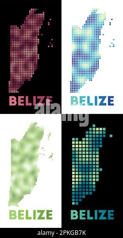 Belize Karte. Sammlung von Karten von Belize im gepunkteten Stil. Grenzen des Landes mit Rechtecken für Ihr Design. Vektorabbildung. Stock Vektor