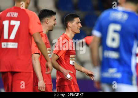 Lommel, Belgien. 07. April 2023. Der Spieler von Dender feiert nach einem Tor während eines Fußballspiels zwischen Jong Genk (U23) und Dender EH am Freitag, den 07. April 2023 in Genk, am 6. Tag der Relegation Play-offs der 1B. Division der belgischen Meisterschaft „Challenger Pro League“ 2022-2023. BELGA FOTO JILL DELSAUX Kredit: Belga News Agency/Alamy Live News Stockfoto