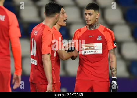 Lommel, Belgien. 07. April 2023. Der Spieler von Dender feiert nach einem Tor während eines Fußballspiels zwischen Jong Genk (U23) und Dender EH am Freitag, den 07. April 2023 in Genk, am 6. Tag der Relegation Play-offs der 1B. Division der belgischen Meisterschaft „Challenger Pro League“ 2022-2023. BELGA FOTO JILL DELSAUX Kredit: Belga News Agency/Alamy Live News Stockfoto