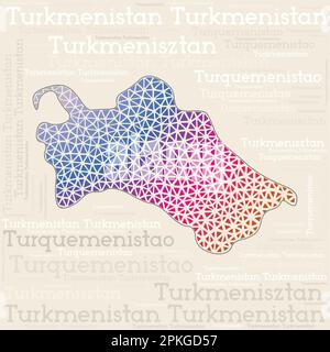 TURKMENISTAN Kartendesign. Ländernamen in verschiedenen Sprachen und Kartenform mit geometrischen Dreiecken mit niedrigen Poly-Werten. Stilvolle Vektordarstellung von Turkmeni Stock Vektor