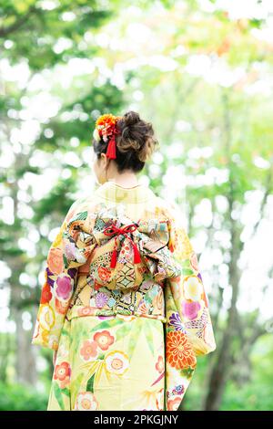Rückansicht einer Frau im Kimono im Wald Stockfoto