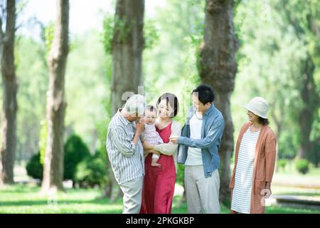 Eine Familie von drei Generationen, die sich an einer Reihe von Pappelbäumen unterhält Stockfoto