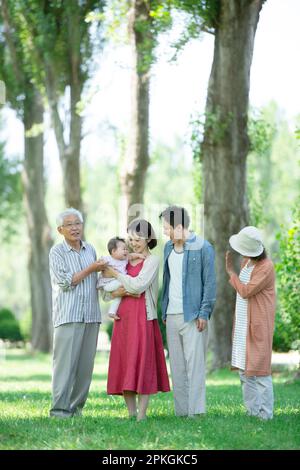 Eine Familie von drei Generationen, die sich an einer Reihe von Pappelbäumen unterhält Stockfoto