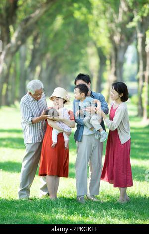 Eine Familie von drei Generationen, die sich an einer Reihe von Pappelbäumen unterhält Stockfoto