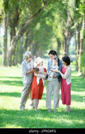 Eine Familie von drei Generationen, die sich an einer Reihe von Pappelbäumen unterhält Stockfoto