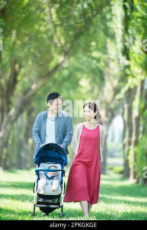 Die Familie schiebt einen Kinderwagen an Pappelbäumen entlang Stockfoto