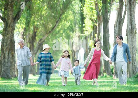 Eine dreiköpfige Familie, die entlang der Pappelallee spaziert Stockfoto