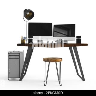 Ein Schreibtisch mit einer Tastatur und zwei Computerbildschirmen auf der Oberfläche, 3D-Rendering Stockfoto