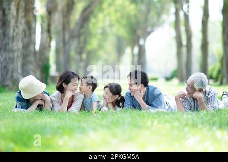 Eine Familie von drei Generationen, die in einer Reihe von Pappelbäumen lag Stockfoto