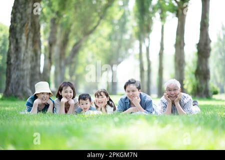 Eine Familie von drei Generationen, die in einer Reihe von Pappelbäumen lag Stockfoto