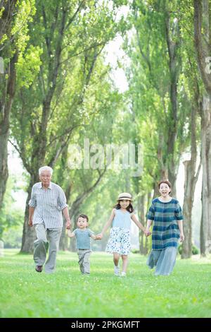 Großeltern und Enkelkinder, die an einer Reihe von Pappelbäumen entlang spazieren Stockfoto