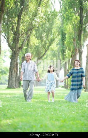 Großeltern und Enkelkinder, die an den Pappelbäumen spazieren gehen Stockfoto