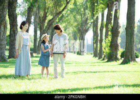 Eine Familie von drei Generationen, die sich an einer Reihe von Pappelbäumen unterhält Stockfoto