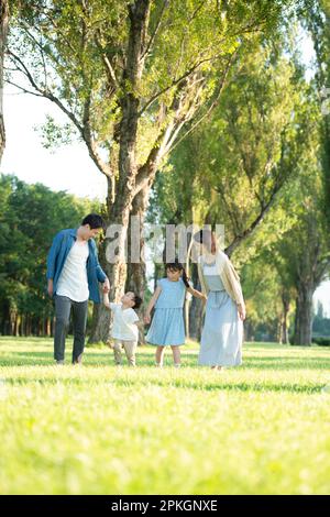 Die Familie spaziert auf Pappelbäumen Stockfoto