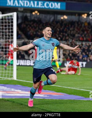 Burnley's Connor Roberts feiert das zweite Tor seiner Seite während des Sky Bet Championship-Spiels im Riverside Stadium, Middlesbrough. Foto: Freitag, 7. April 2023. Stockfoto