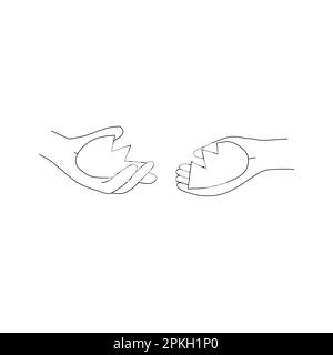Gebrochenes Herz in zwei Händen, Versöhnungskonzept, Doodle-Style, flache Vektordarstellung für Kinder Malbuch Stock Vektor