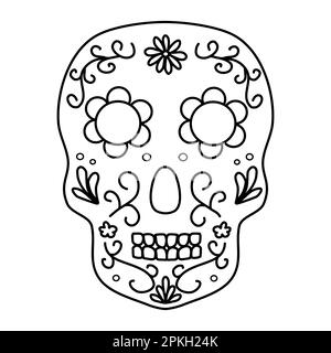 Mexikanischer Zuckerschädel für den Tag der Toten oder Dia de los muertos, Doodle-Stil flache Vektorzeichnung für Malbuch Stock Vektor
