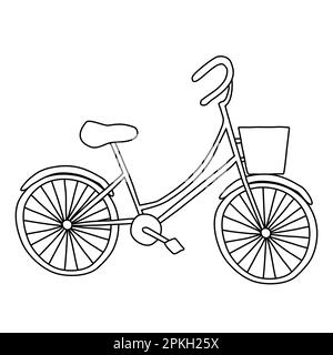 Cartoon-Fahrrad mit einem niedrigen Rahmen und Korb vorne, Doodle-Style, flache Vektorzeichnung für Kinder Malbuch Stock Vektor