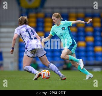 London, Großbritannien. 07. April 2023. London, England, April 7. 2023: Cortnee Vine (5 Australien) in Aktion beim International Friendly Football Match zwischen Australien und Schottland im Cherry Red Records Stadium in London, England. (James Whitehead/SPP) Kredit: SPP Sport Press Photo. Alamy Live News Stockfoto