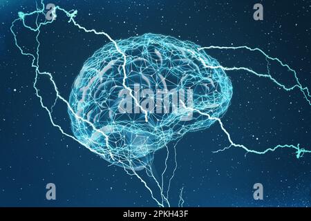 Darstellung des menschlichen Gehirns mit Blitzeinschlägen auf hellblauem Hintergrund Stockfoto