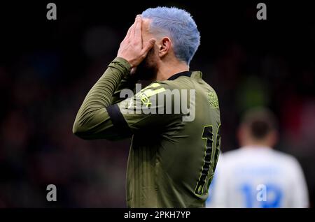 Mailand, Italien. 7. April 2023. Theo Hernandez von AC Mailand reagiert am 7. April 2023 während eines Fußballspiels der Serie A zwischen dem AC Mailand und Empoli in Mailand, Italien. Kredit: Daniele Mascolo/Xinhua/Alamy Live News Stockfoto