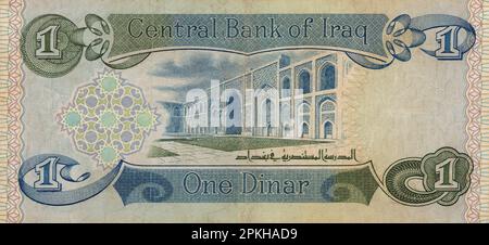 Blick auf die Reserveseite einer irakischen Banknote eines 1980 ausgestellten ein-Dinars mit dem Bild der Al-Mustansirya-Schule (Mustansiriya Madrasah) in Stockfoto