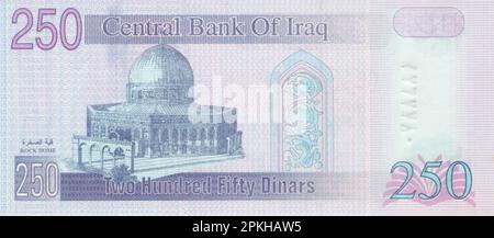 Blick auf die Reserve-Seite einer irakischen Banknote mit zweihundertfünfzig Dinar, herausgegeben im Jahr 2002, mit dem Bild der Rock Dome Moschee von Jerusalem. Stockfoto