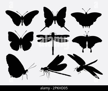 Schmetterlings- und Libellen-Insektensilhouetten Stock Vektor